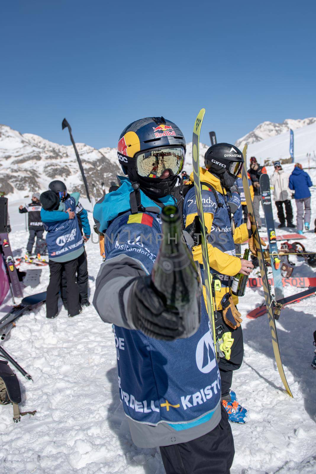 Ordino Arcalis, Andorra: 2021 February 24: Skiers in action at the Freeride World Tour 2021 Step 2 at Ordino Alcalis in Andorra in the winter of 2021.