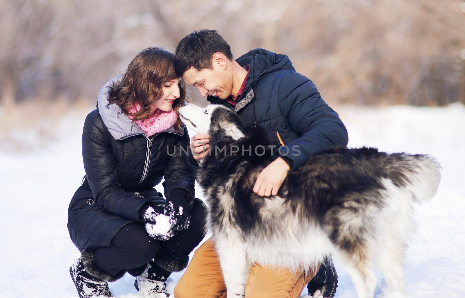 Attractive couple smiling and having fun in winter park with their siberian husky dog.