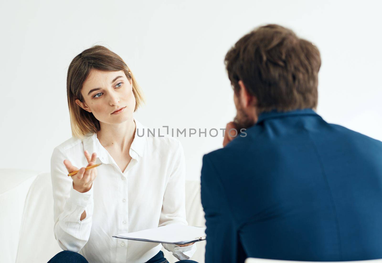 Woman and man suit documents communication people vacancies resume by SHOTPRIME