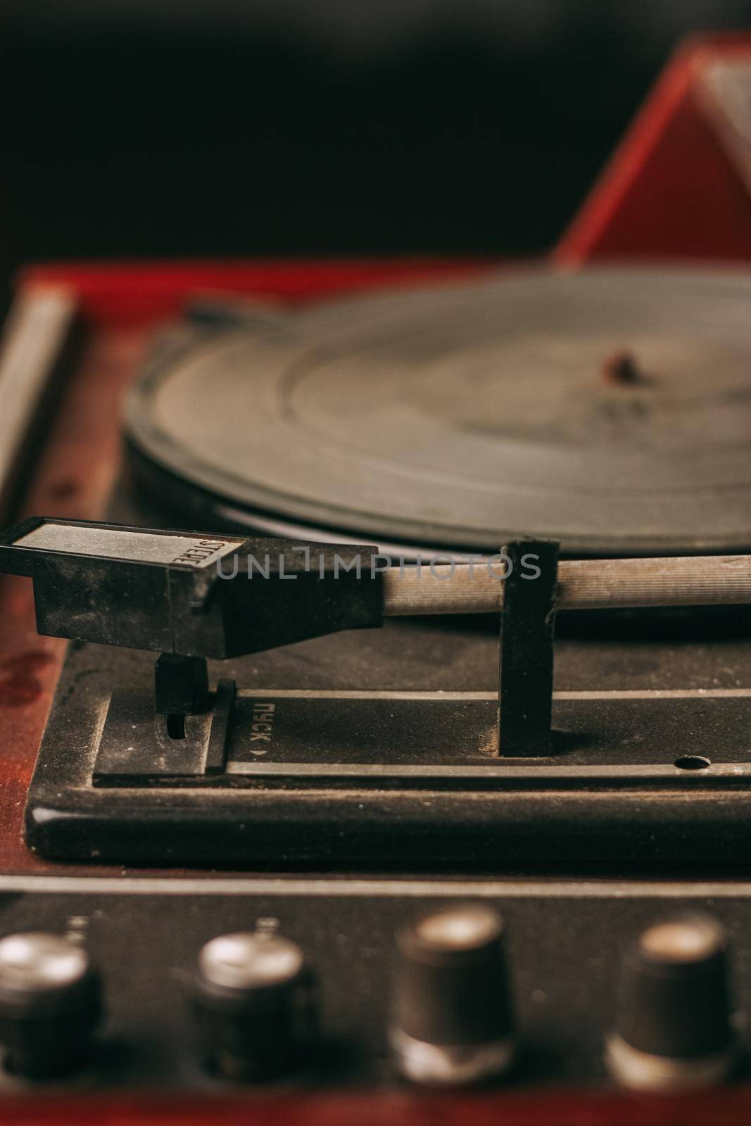 retro gramophone playing music technology vintage close-up. High quality photo