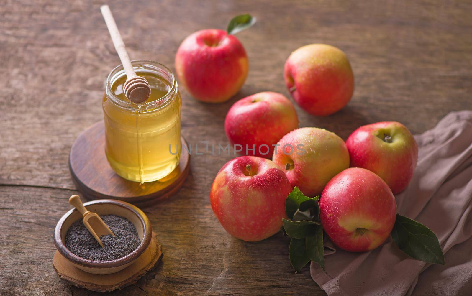 Apple and honey, traditional food. Selective focus. Copyspace background