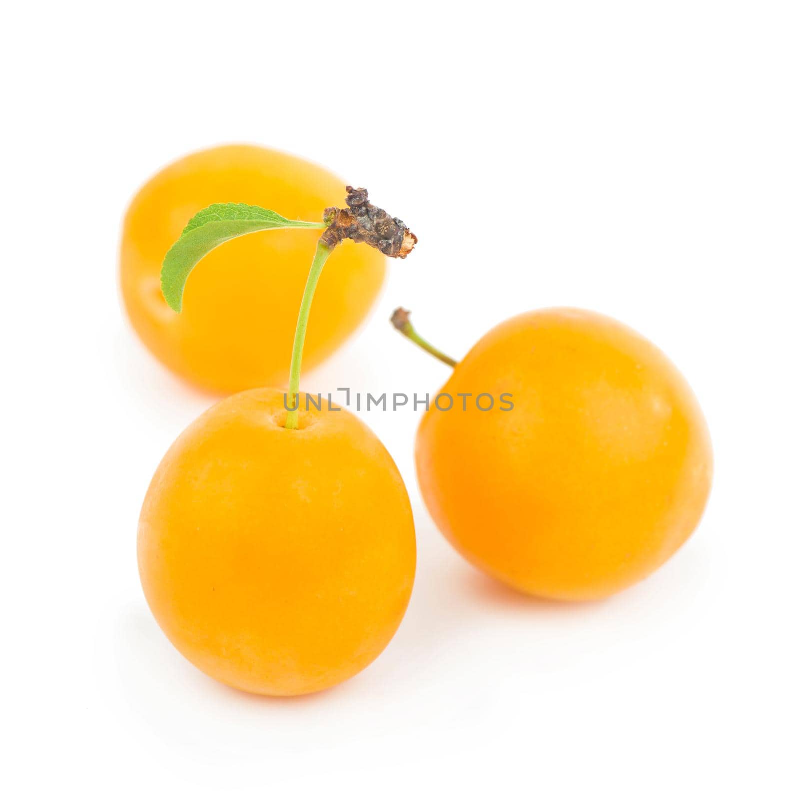 Yellow plum with leaves isolated on white background.