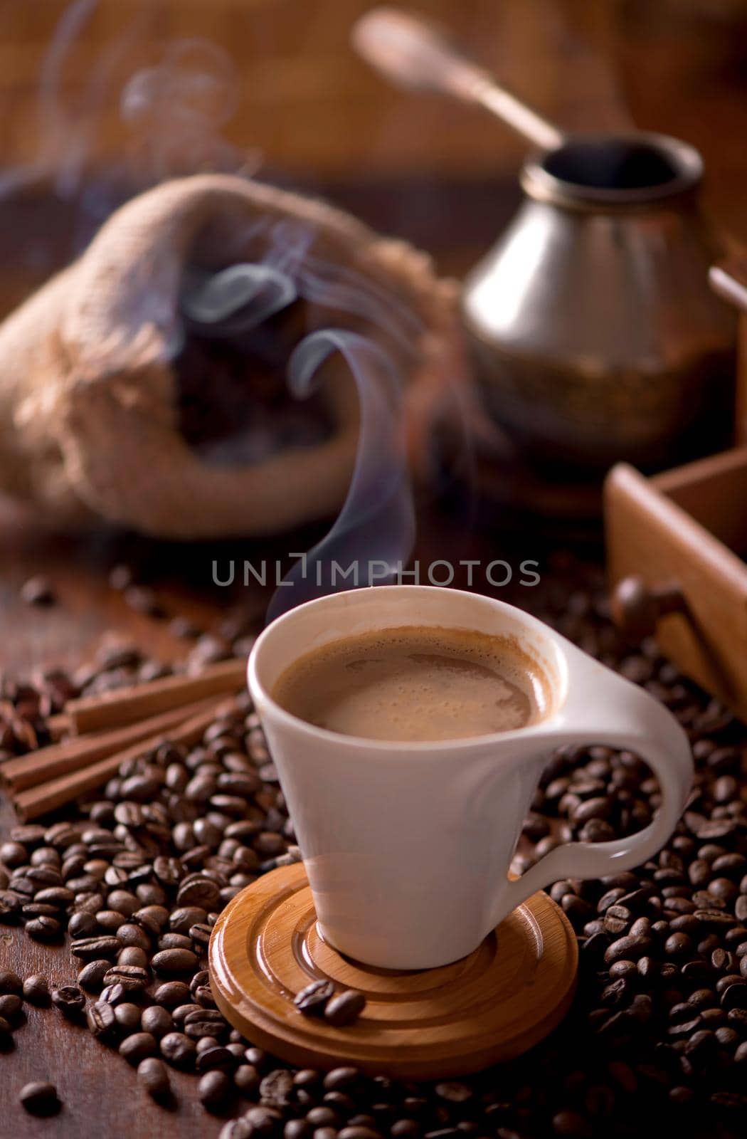 fried bright with smoky grains, coffee beans background