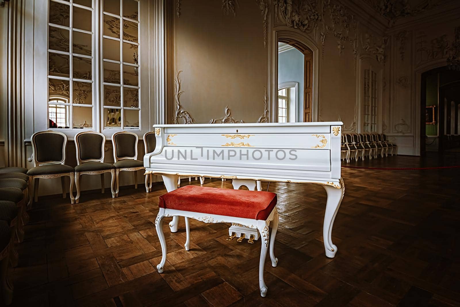 RUNDALE, LATVIA - November 09, 2020: Grand Piano in the White Hall of Rundale Palace