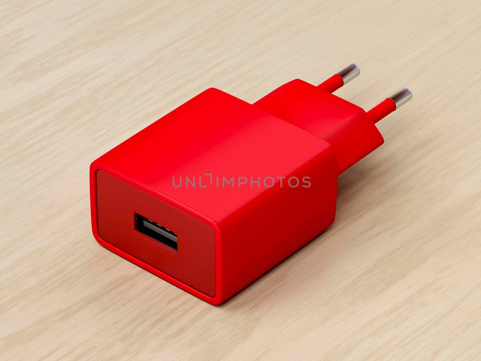 Red power adapter on wood background by magraphics