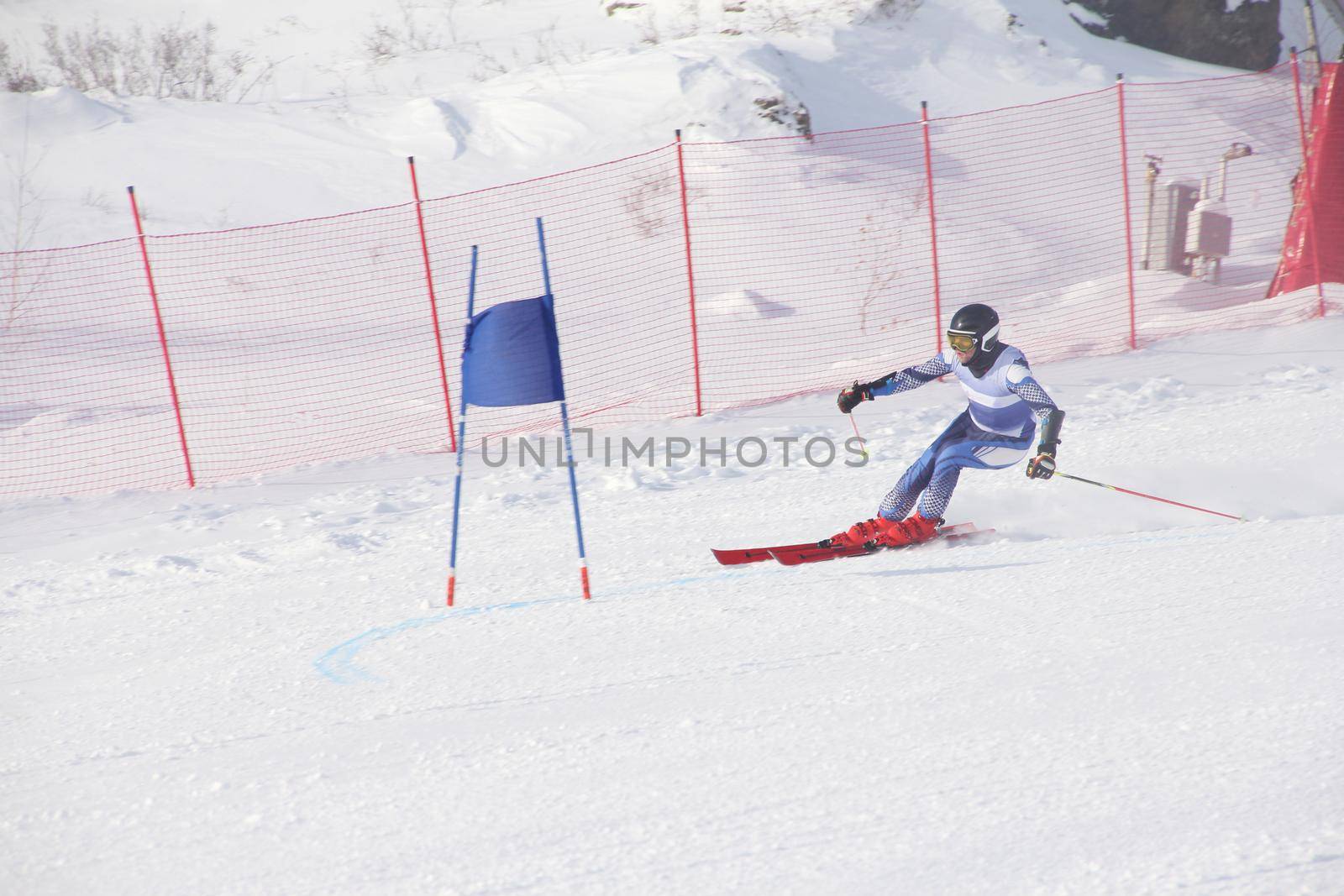 Super G race, alpine skier attack ski gate competition