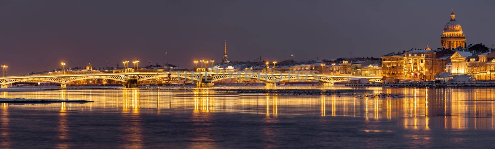 The panoramic image of the winter night city Saint-Petersburg, Blagoveshchensky Bridge, the bridge of the lieutenant Schmidt, a night motionless panorama, St. Isaac's Cathedral, Palace Bridge by vladimirdrozdin