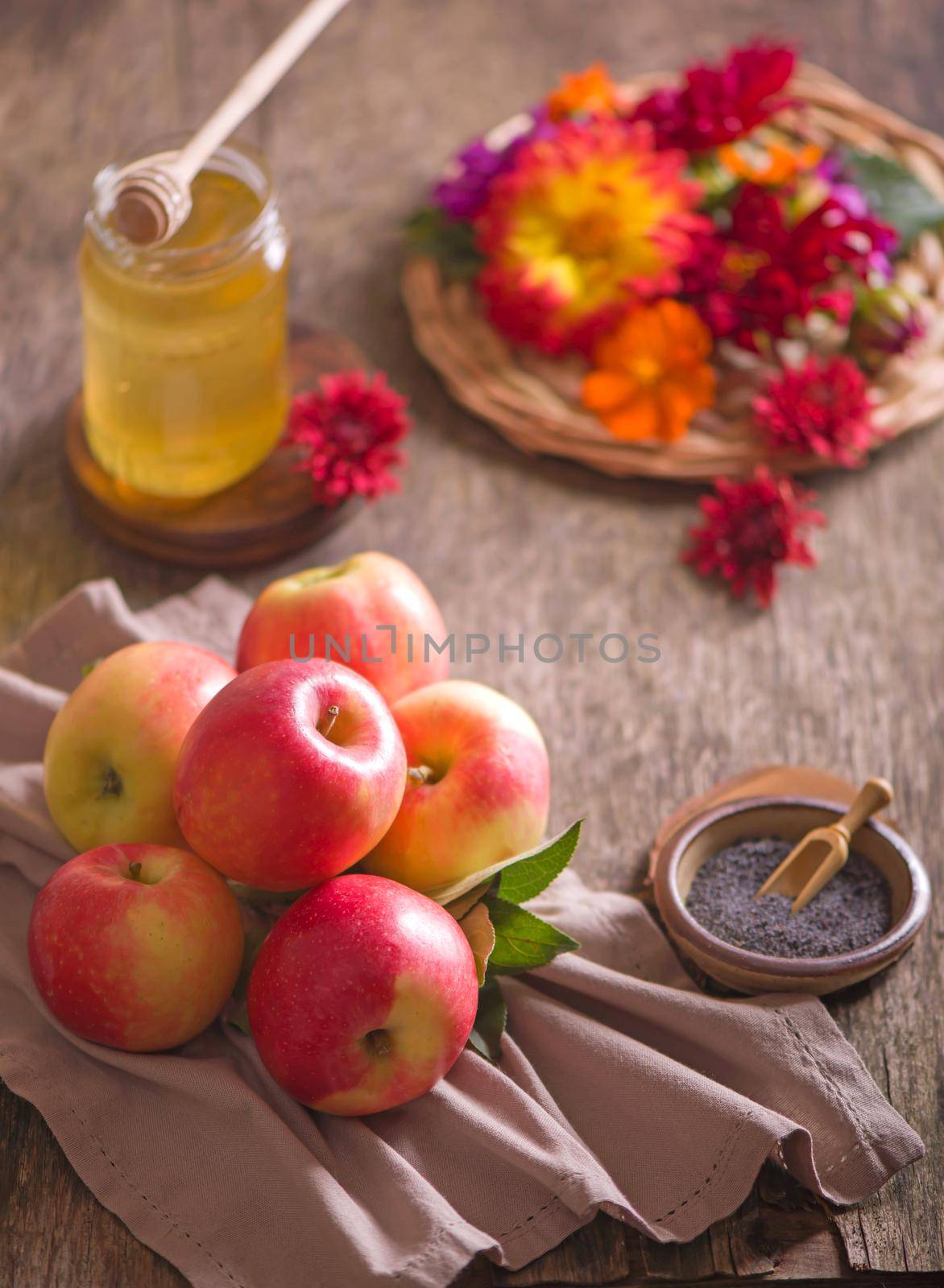 Apple and honey, traditional food. Selective focus. Copyspace background