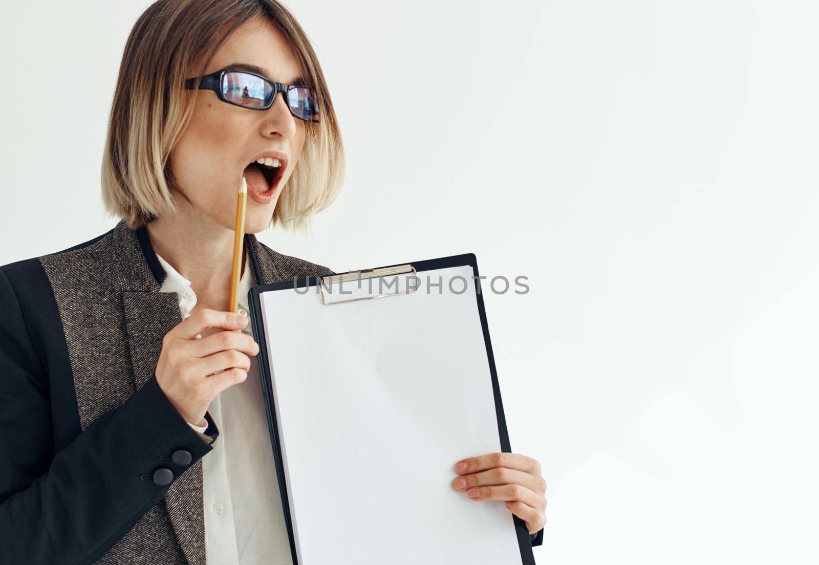 woman wearing glasses with document folder hand and business finance mockup. High quality photo