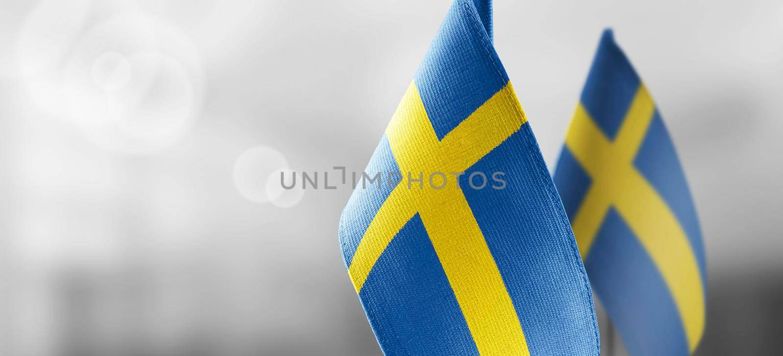 Small national flags of the Sweden on a light blurry background.