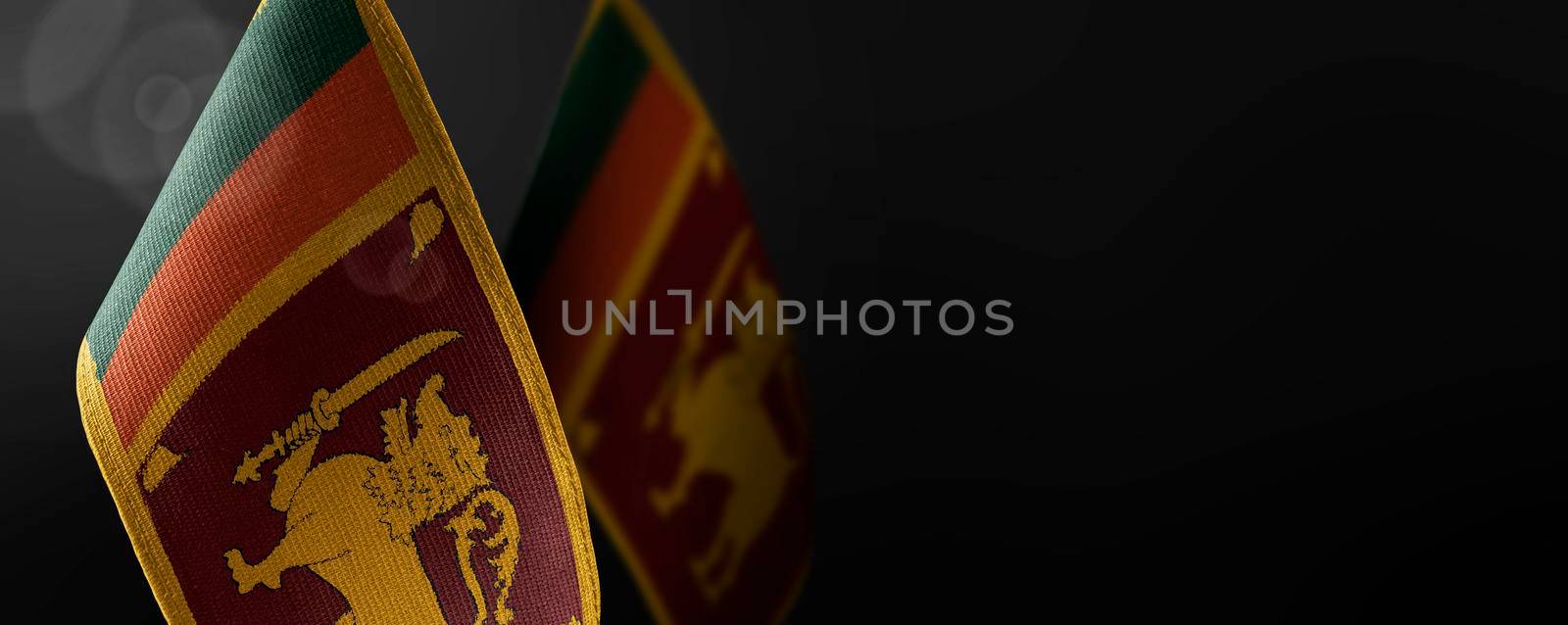 Small national flags of the Sri Lanka on a dark background.