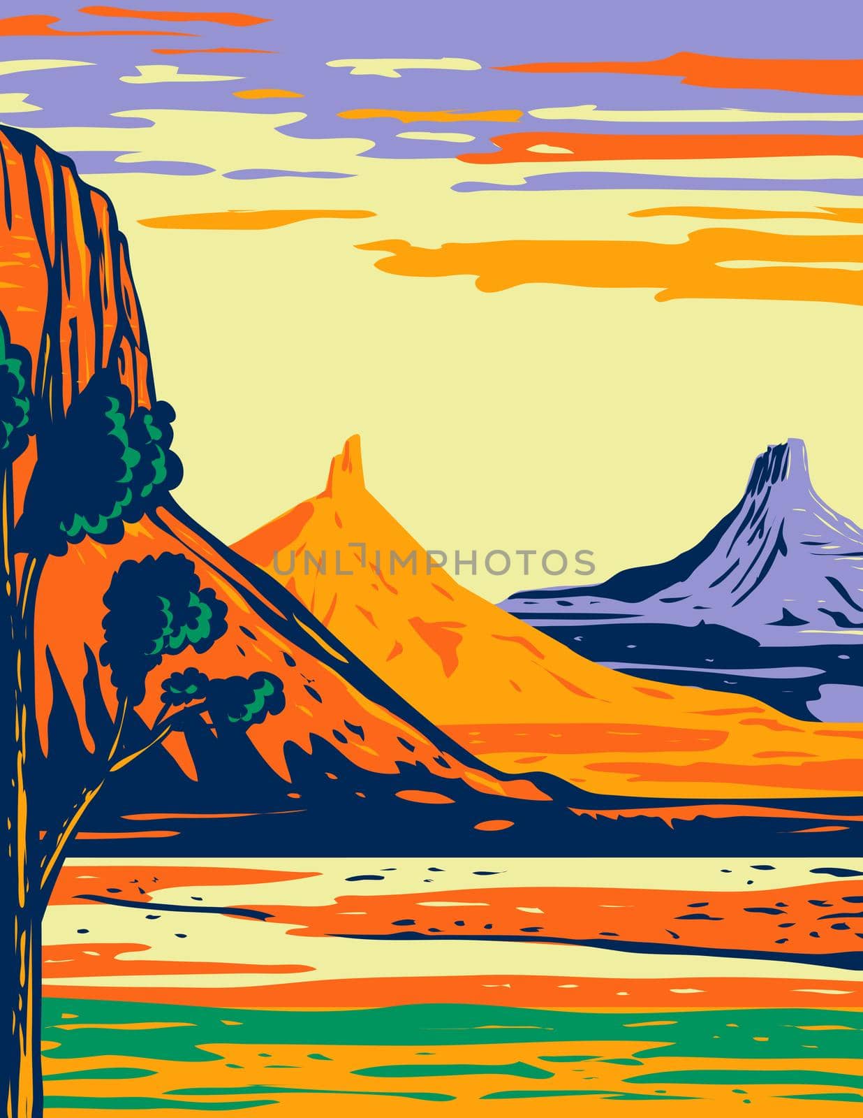 WPA poster art of the North and South Six Shooter Peak in Bears Ears National Monument located in San Juan County in southeastern Utah in works project administration or federal art project style.