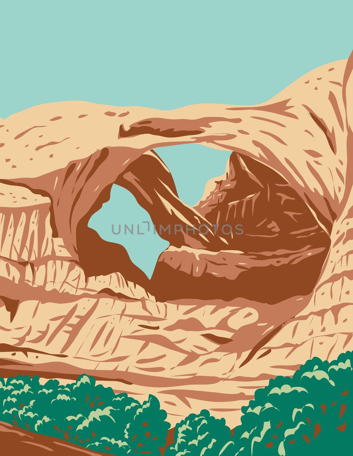 WPA poster art of the Double Arch, a close-set pair of natural arches in Arches National Park in Grand County, Utah,  United States done in works project administration or federal art project style.