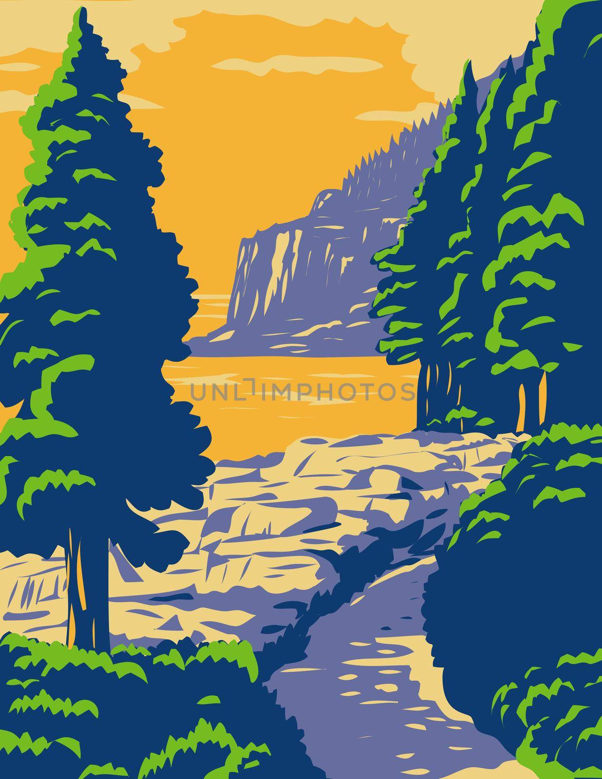 WPA poster art of Ocean Path with the Otter Cliff in Acadia National Park, a recreation area on Mount Desert Island, Maine United States in works project administration or federal art project style.