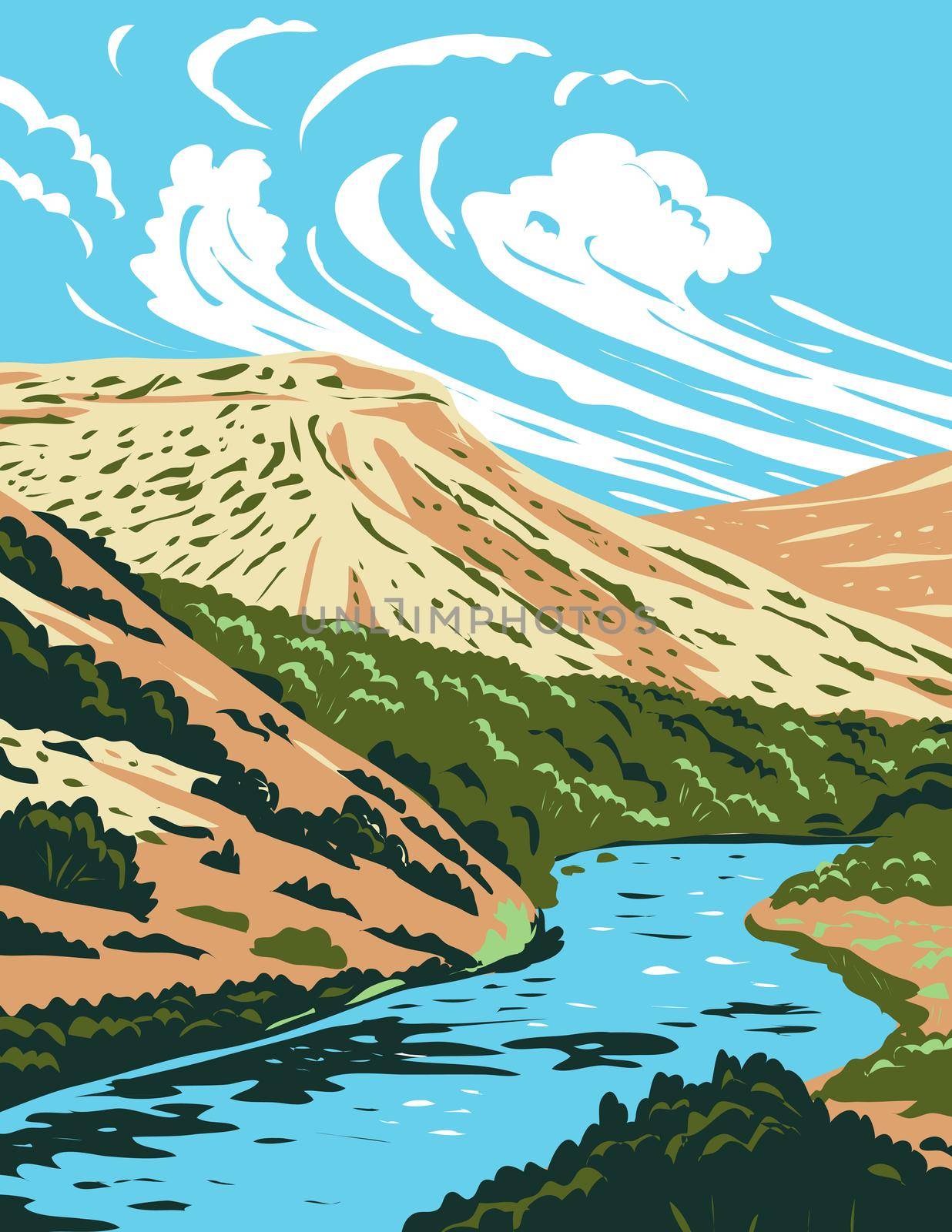 WPA poster art of the Rio Grande, a principal river in the United States and Mexico that begins in Colorado and flows to Gulf of Mexico in works project administration or federal art project style.