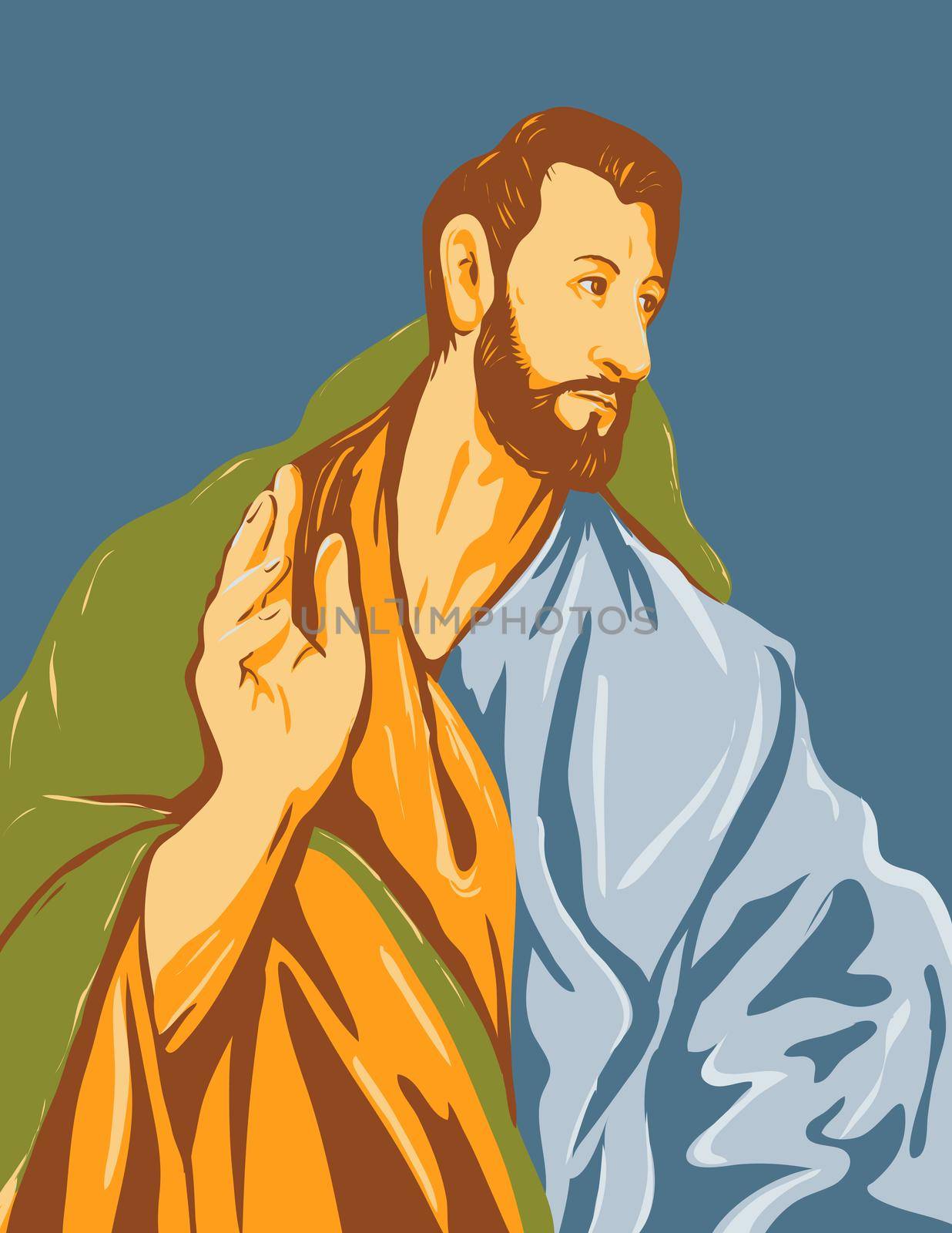 WPA Poster Art Interpretation of the artwork of 16th century Spanish Renaissance artist, El Greco entitled Saint Thomas the Apostle circa 1608 done in Works Project Administration Style.