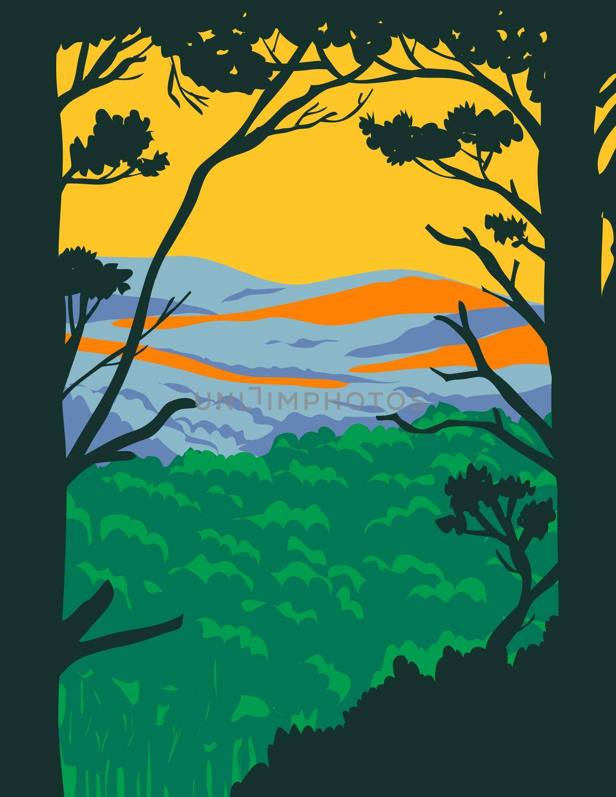 WPA poster art of the Ouachita Mountains or Ouachitas, a mountain range in Arkansas and Oklahoma within the Hot Springs National Park done in works project or administration federal art project style.