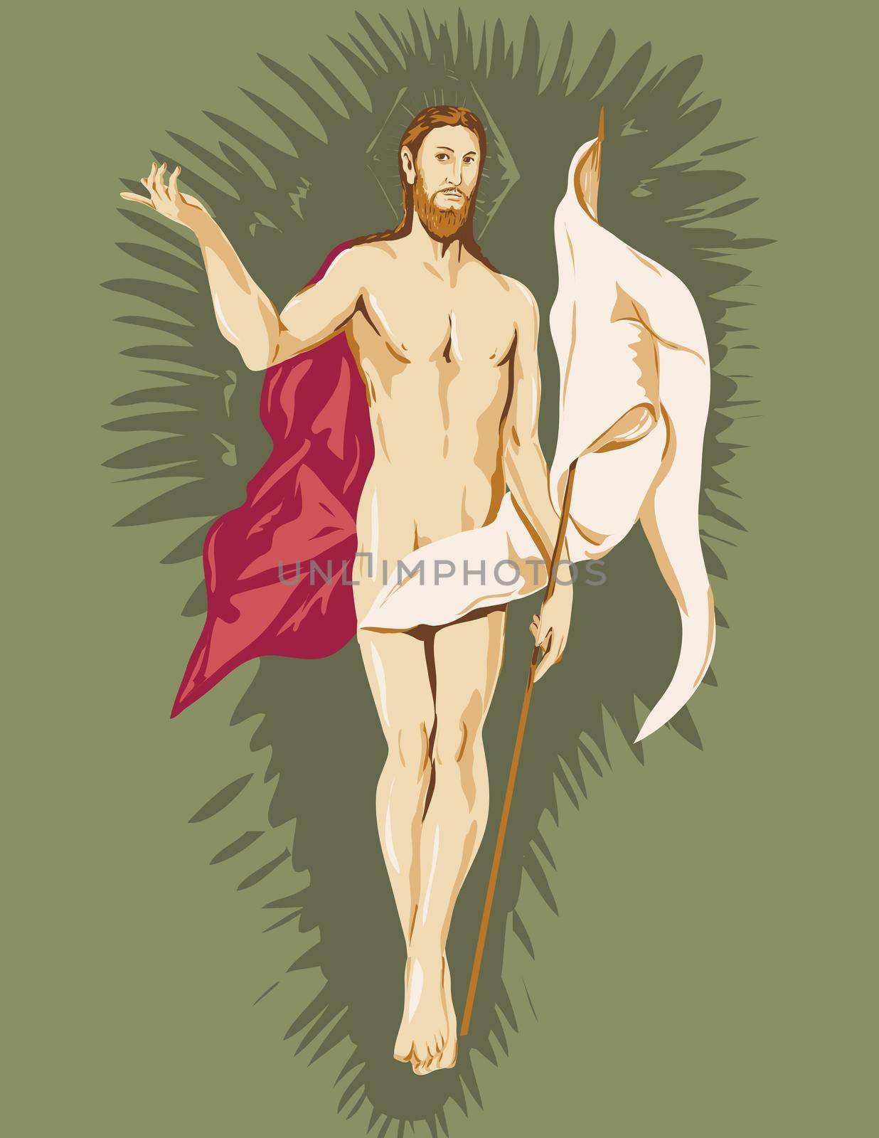 WPA poster art interpretation of El Greco Domenikos Theotokopoulos artwork, The Resurrection circa 1597, 16th century Spanish Renaissance artist in works project administration style.