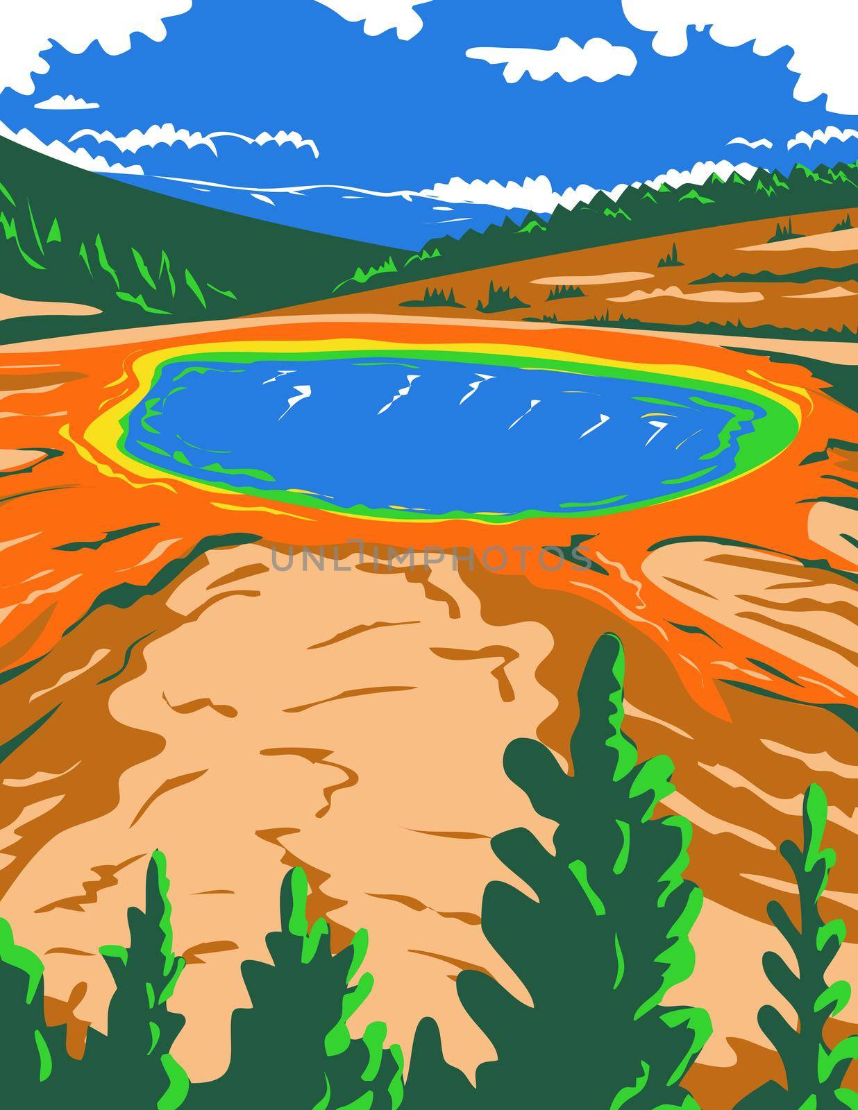 WPA poster art of the Grand Prismatic Spring in Yellowstone National Park in Teton County, Wyoming, United States of America in works project administration or federal art project style.