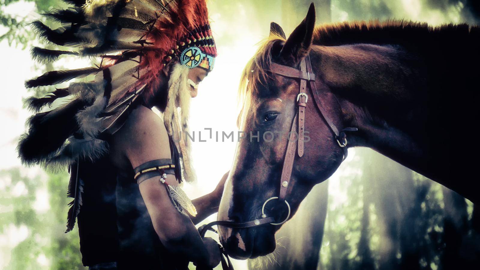 The Indians are riding a horse and spear ready to use In light of the Silhouette, American Indian warrior, chief of the tribe. man with feather he