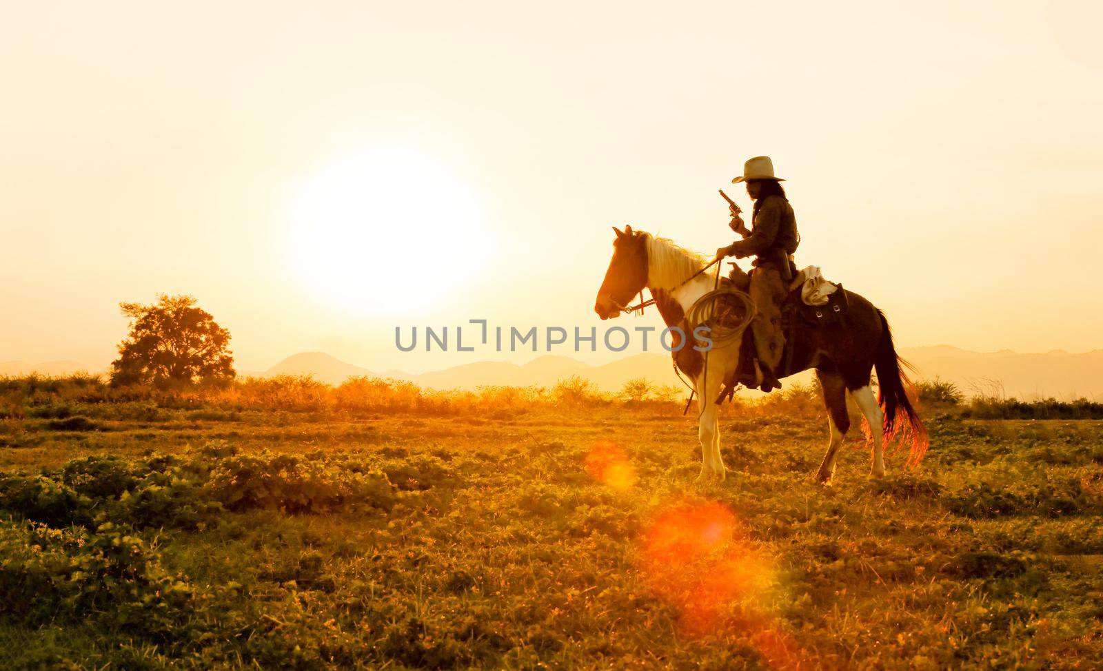 The silhouette of  rider as cowboy outfit costume with a horses and a gun held in the hand against smoke and sunset background