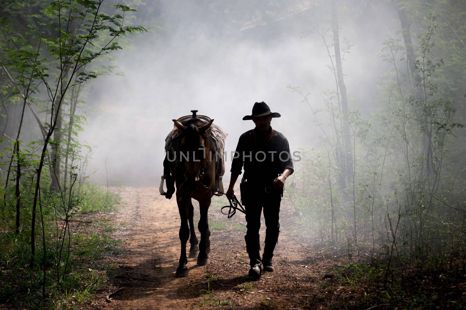 The silhouette of  rider as cowboy outfit costume with a horses and a gun held in the hand against smoke and sunset background