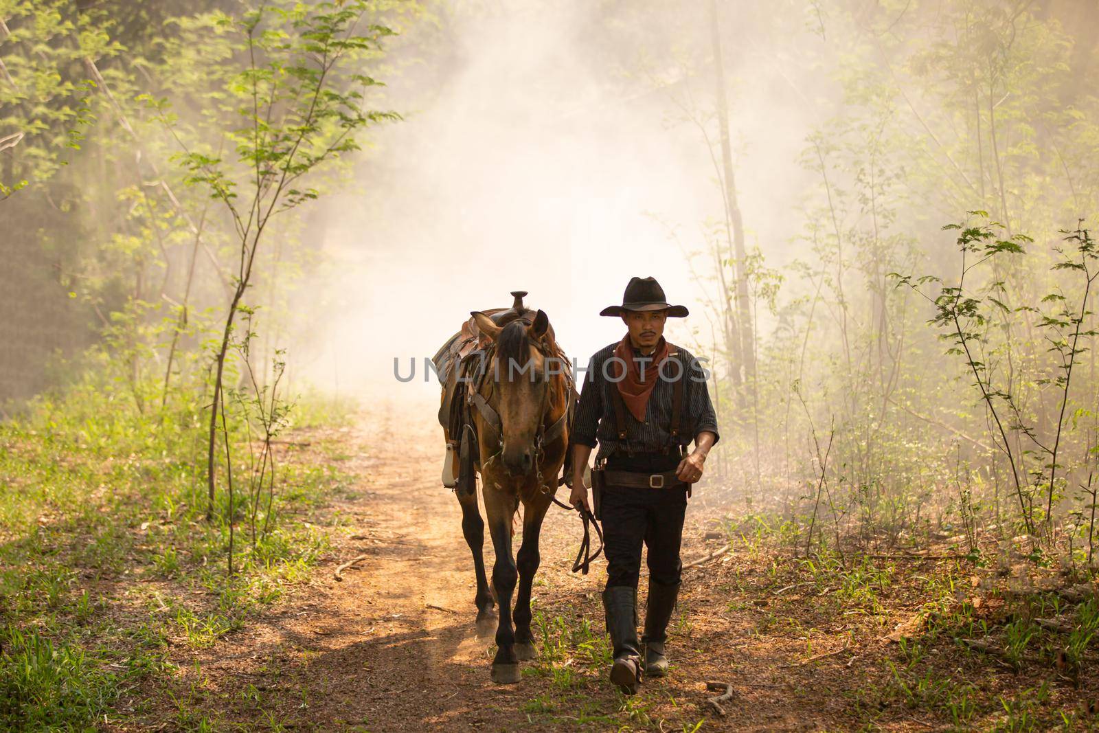 The silhouette of  rider as cowboy outfit costume with a horses and a gun held in the hand against smoke and sunset background