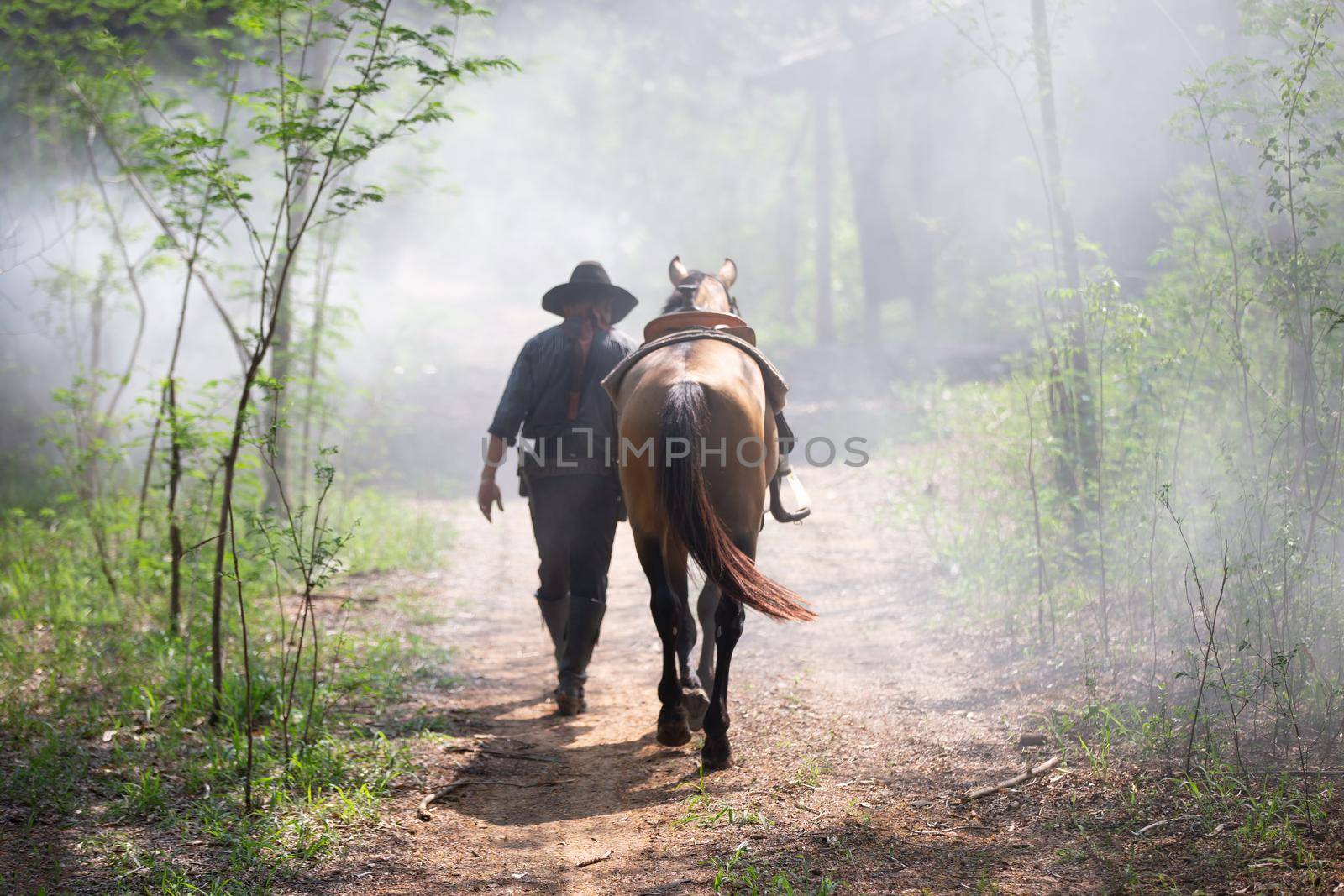 The silhouette of  rider as cowboy outfit costume with a horses and a gun held in the hand against smoke and sunset background
