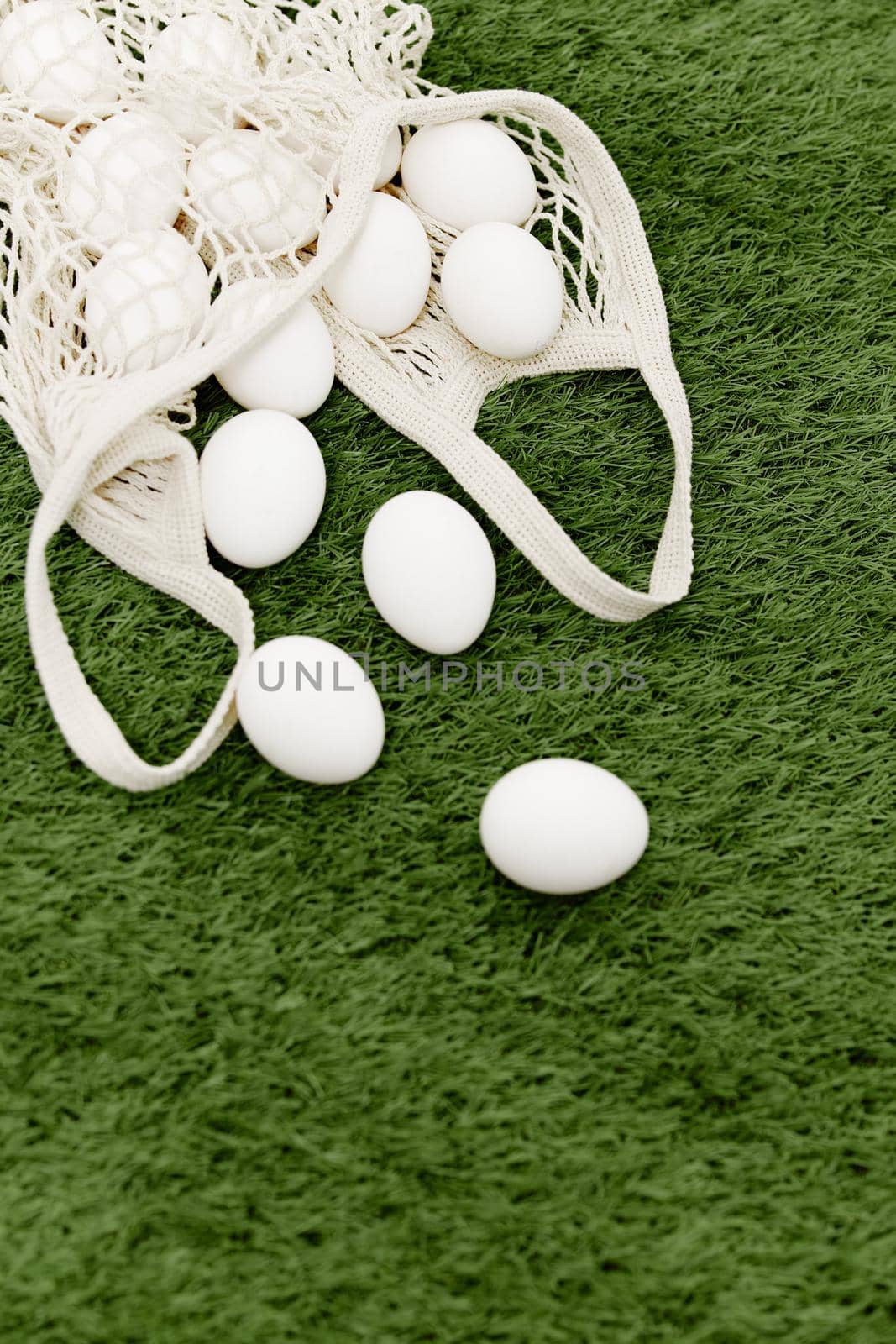 bag of white eggs chicken farm decoration top view. High quality photo