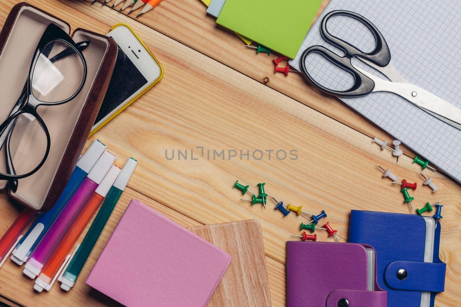business card holders multicolored markers work desk stationery top view. High quality photo