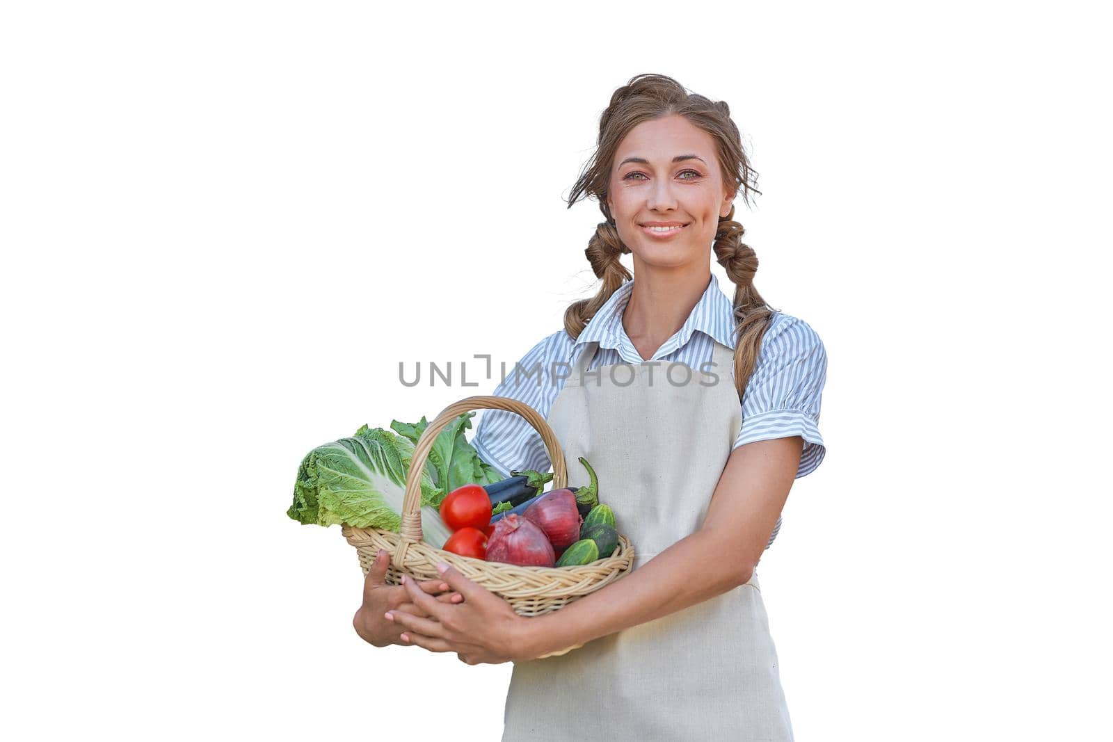 Woman dressed apron white background Farmer vegetables basket Agricultural concept Caucasian middle age Female business owner in uniform Happy one person smiling Time to advertise Banner