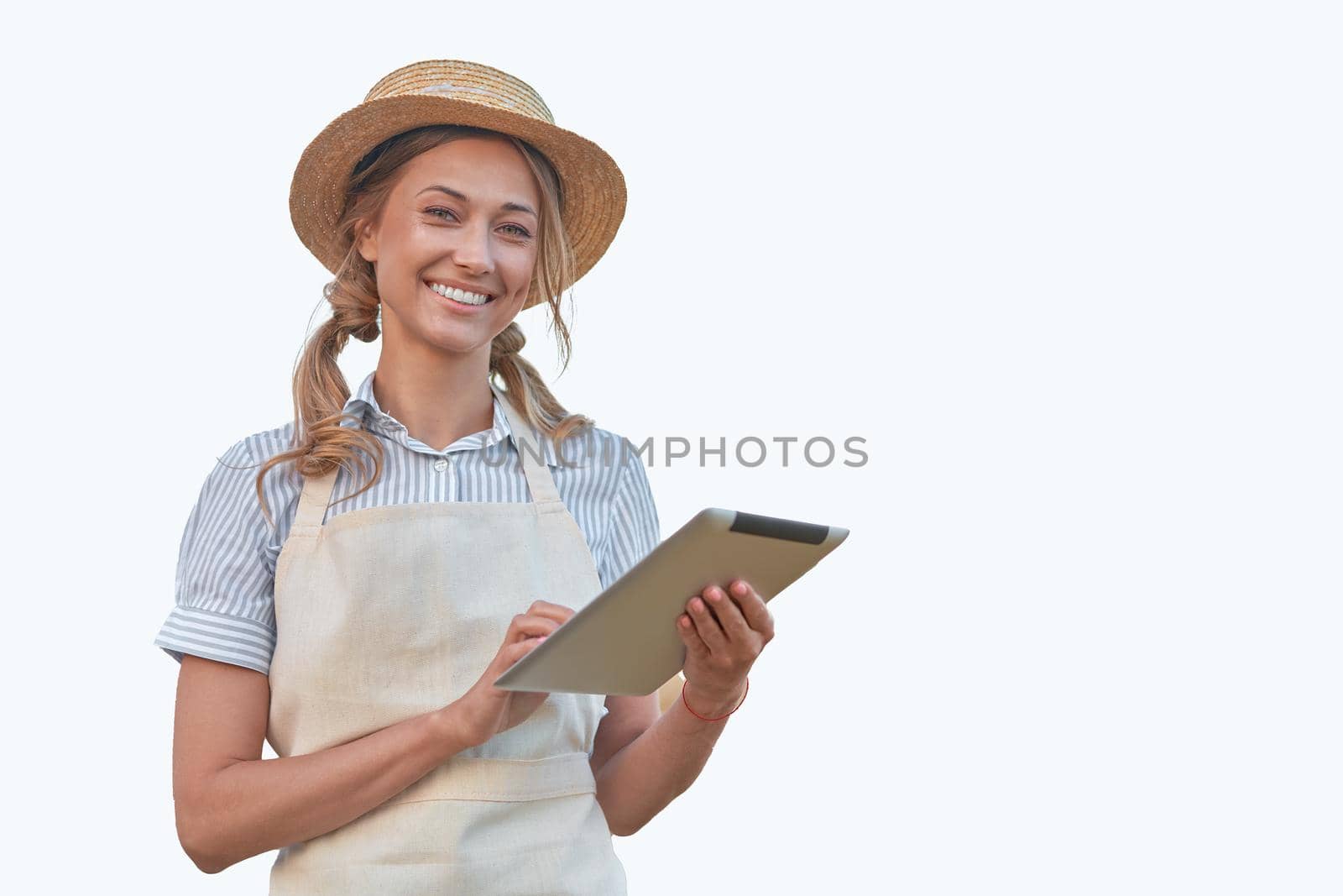 Woman dressed apron with digital tablet isolated white background Farmer agricultural Caucasian middle age Female business owner Happy one person smiling Time to advertise Concept web banner