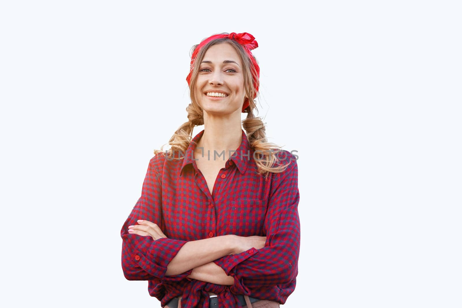 Woman dressed red plaid shirt background Caucasian middle age female business owner in uniform Happy one person smiling Time to advertise Small business