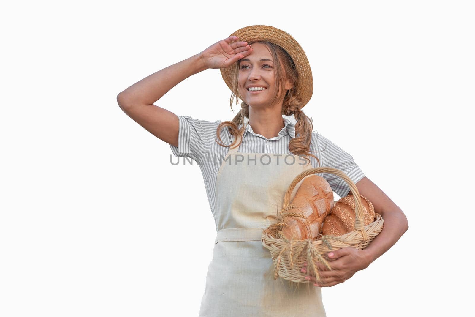 Woman dressed apron white background Farmer bread basket Agricultural concept Caucasian middle age Female business owner in uniform Happy one person smiling Time to advertise Banner Thumb up
