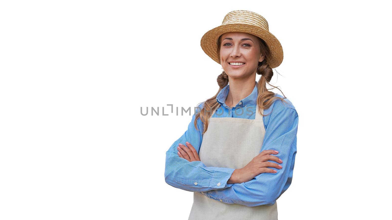 Woman dressed apron white background Farmer agricultural Caucasian middle age Female business owner in uniform hands crossed Happy one person smiling Time to advertise Concept web banner