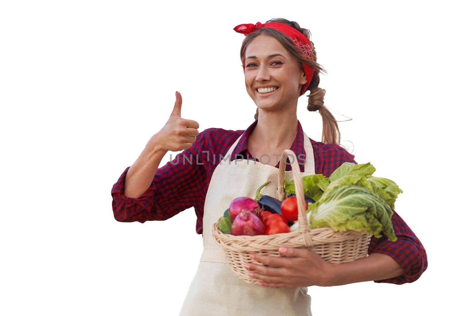 Woman dressed apron white background Farmer vegetables basket Agricultural concept Caucasian middle age Female business owner in uniform Happy one person smiling Time to advertise Banner Thumb up