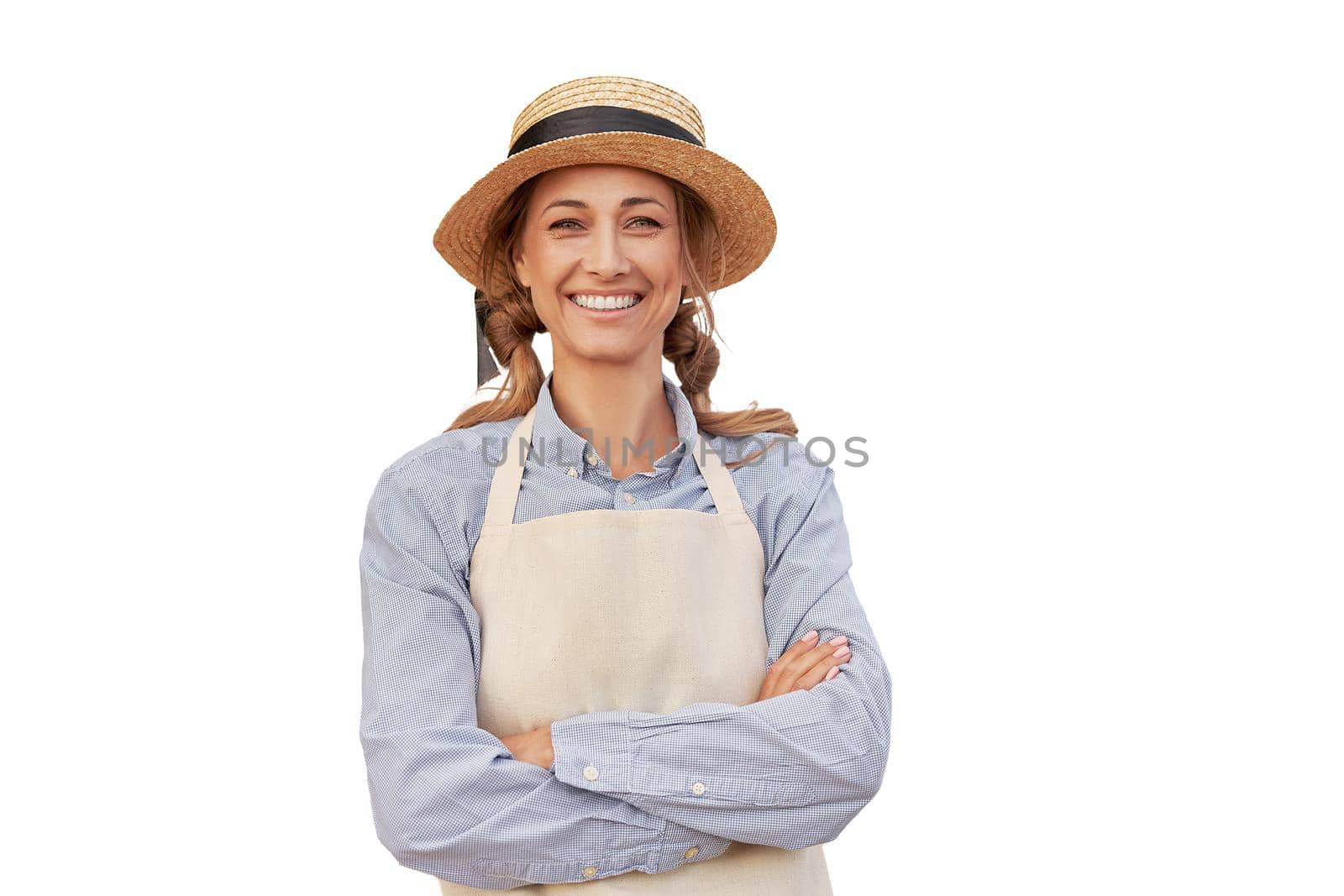 Woman dressed apron white background Farmer agricultural Caucasian middle age Female business owner in uniform hands crossed Happy one person smiling Time to advertise Concept web banner