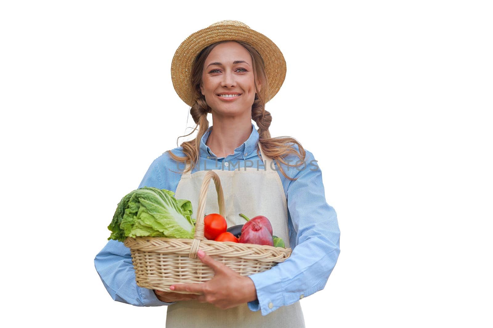Woman dressed apron white background Farmer vegetables basket Agricultural concept Caucasian middle age Female business owner in uniform Happy one person smiling Time to advertise Banner