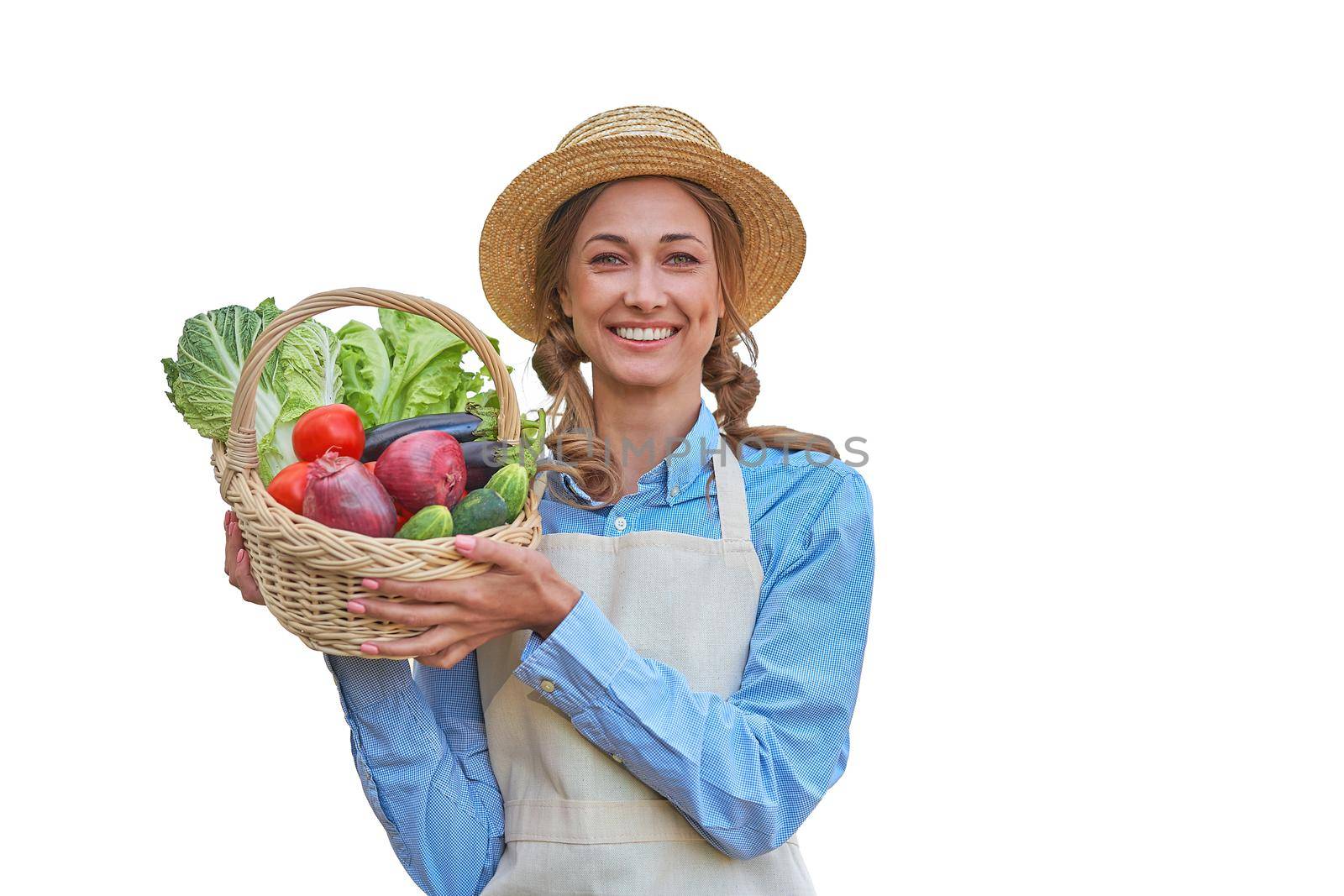 Woman dressed apron white background Farmer vegetables basket Agricultural concept Caucasian middle age Female business owner in uniform Happy one person smiling Time to advertise Banner