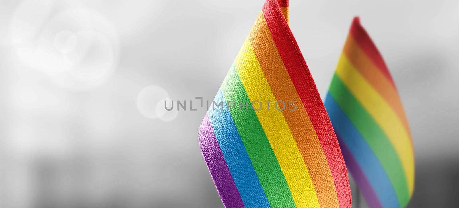 Small national flags of the lgbt on a light blurry background.