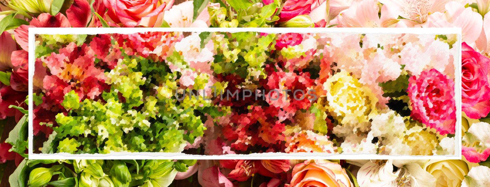 Flower border in bright yellow red colours. Alstroemeria, rose flowers. Flat lay top view, copy space