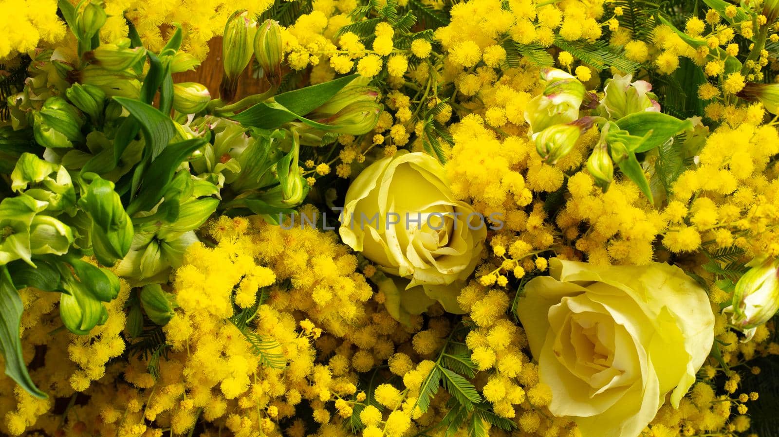 Flower background in yellow colour, Yellow Spring flower mimosa, white roses. Close up. Flat lay border