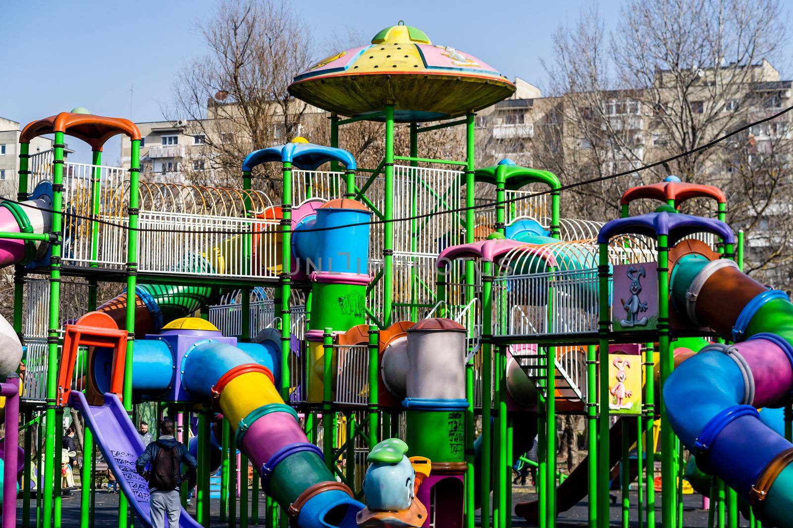 Outdoor colorful playground fun for children in Bucharest, Romania, 2021