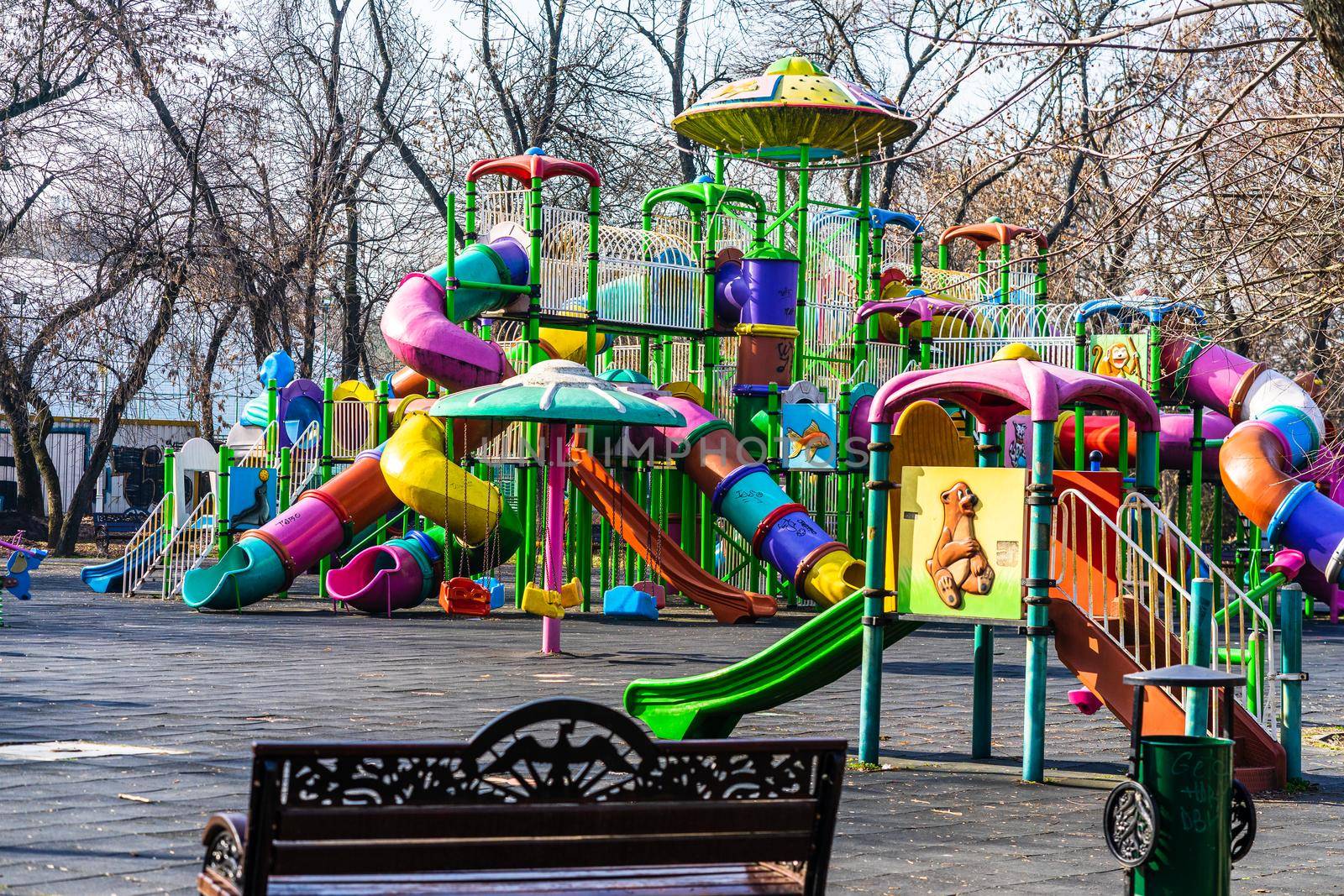 Outdoor colorful playground fun for children in Bucharest, Romania, 2021 by vladispas