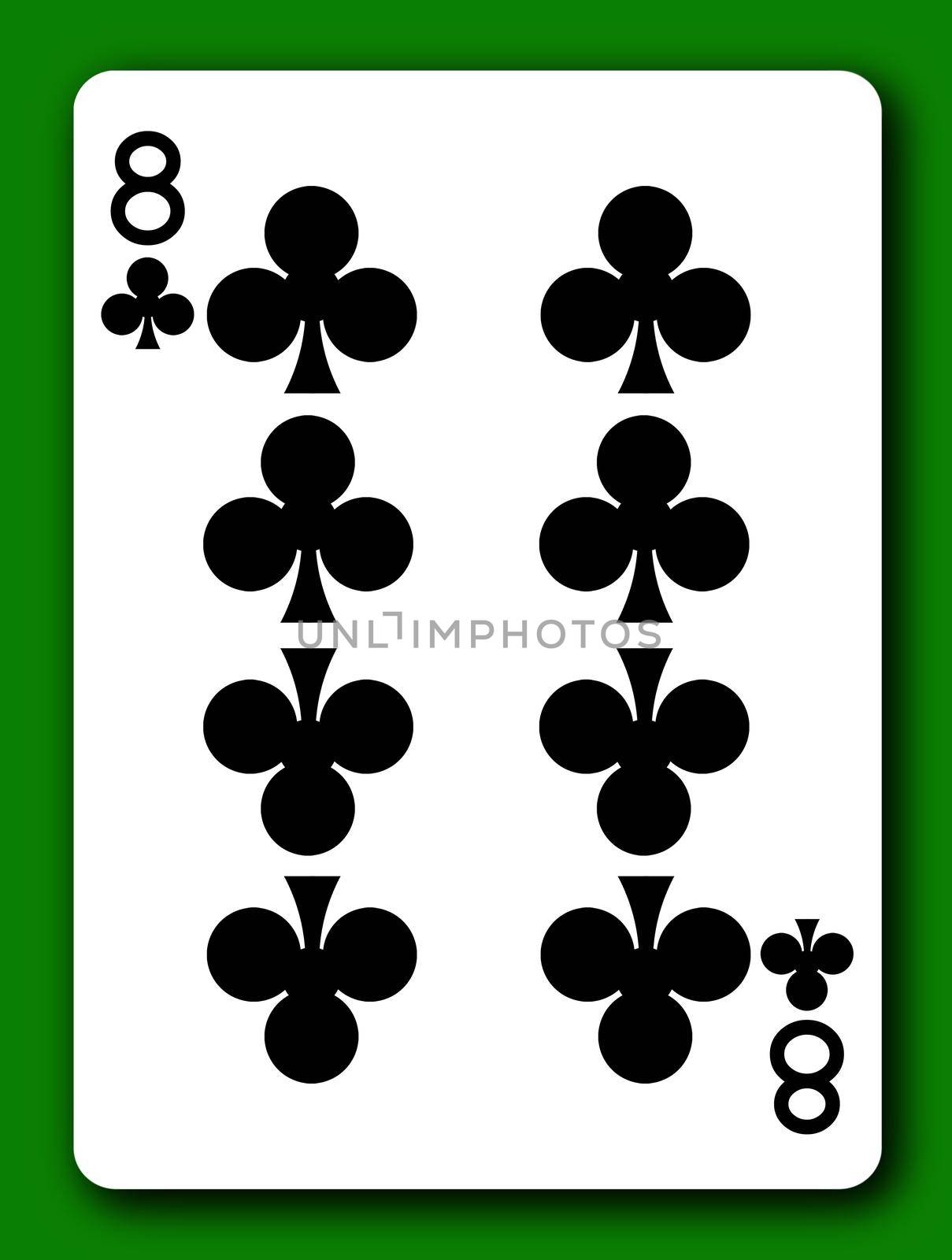 An 8 Eight of Clubs playing card with clipping path to remove background and shadow 3d illustration