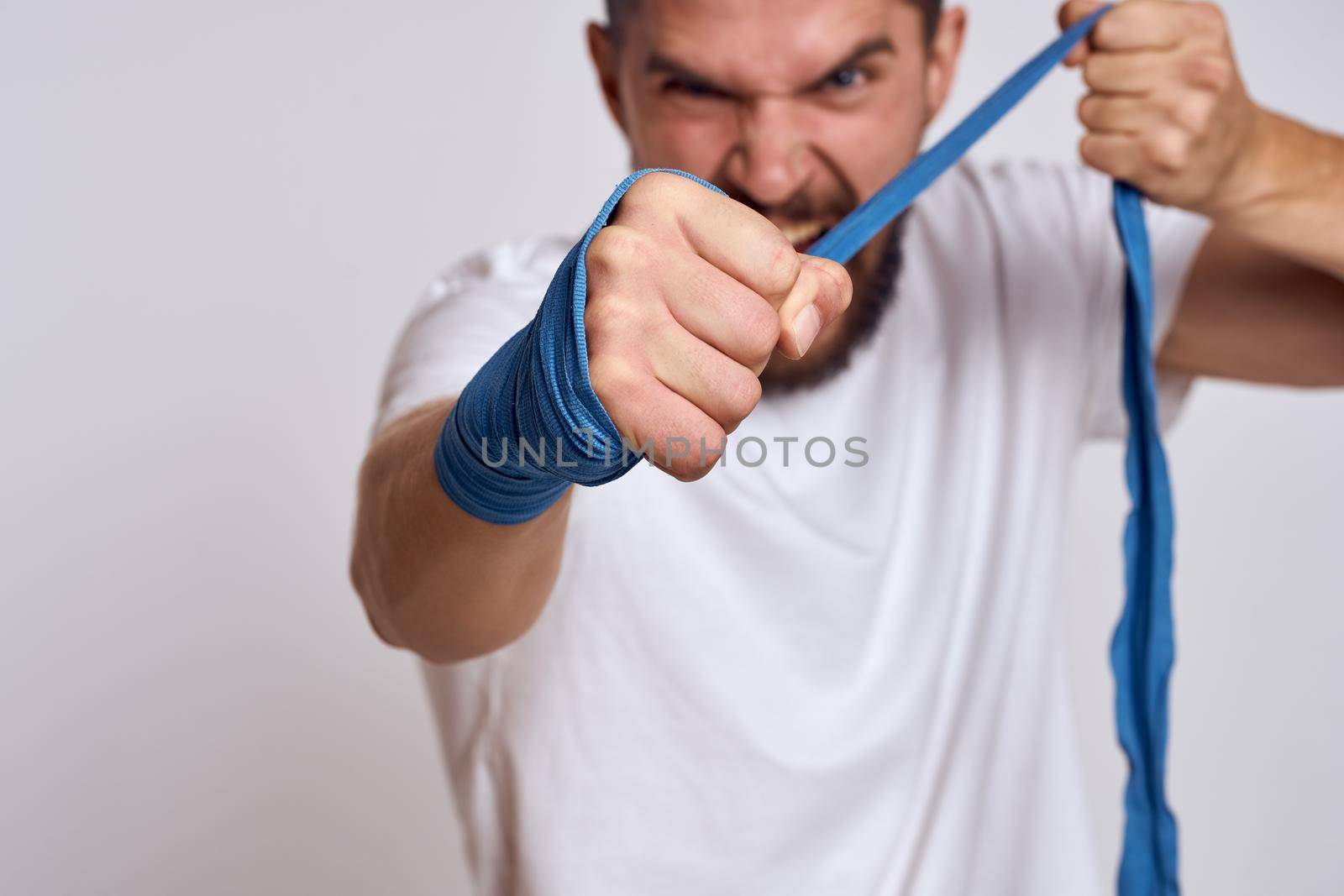 Bandage boxing hand wraps workout motivation gym. High quality photo