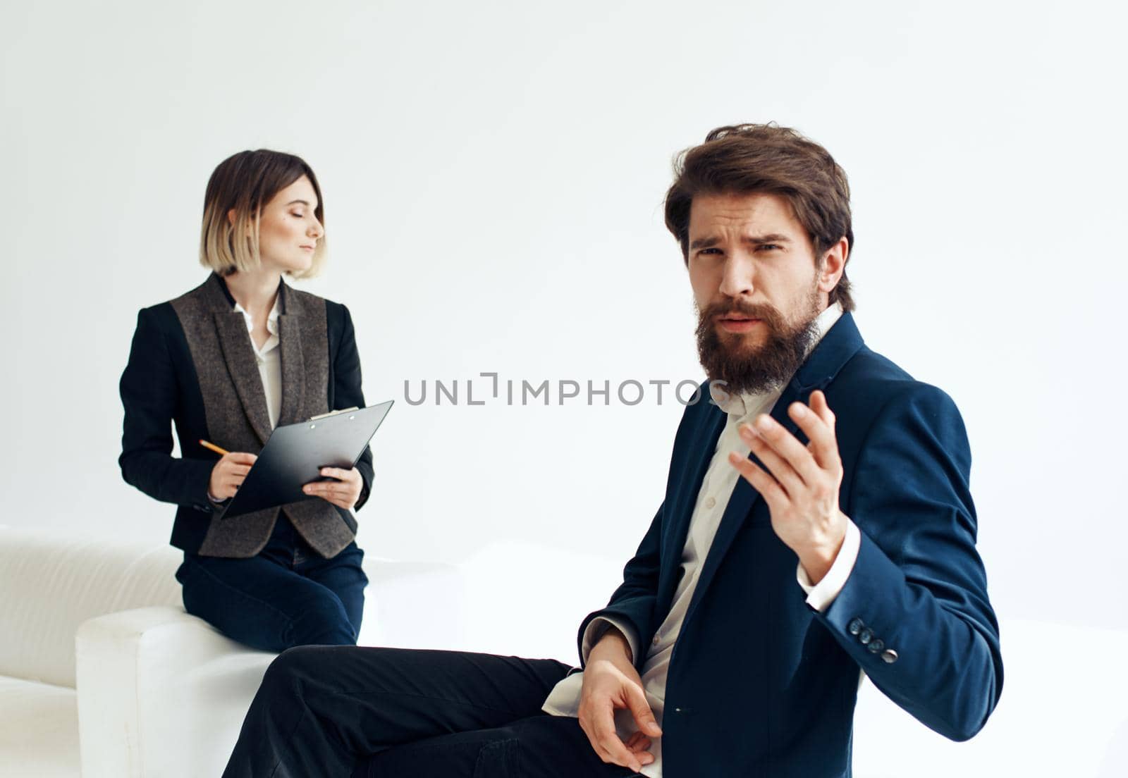 Man for job interview hiring woman business vacancy resume. High quality photo