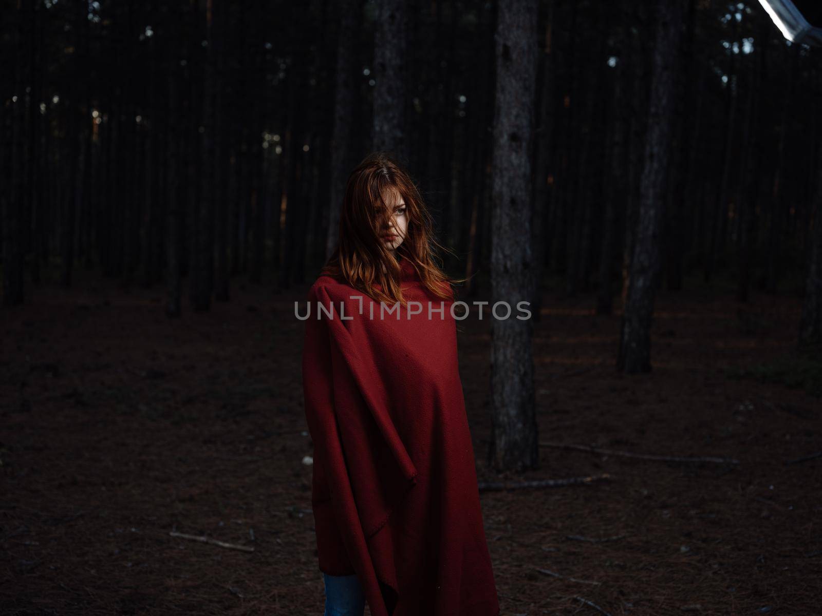 Beautiful woman with a red cape in the black forest at night. High quality photo