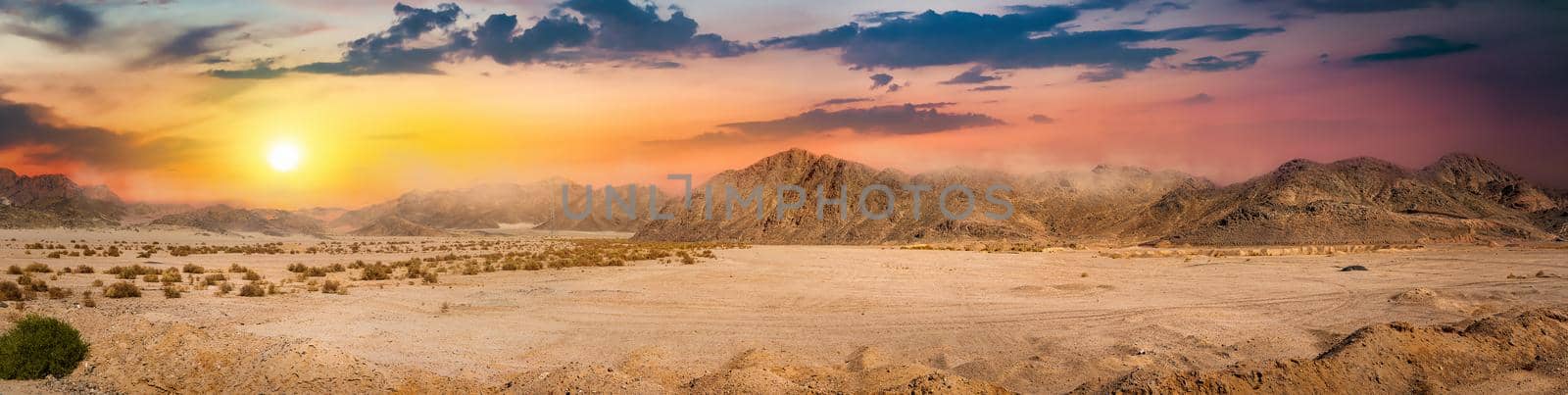 View on desert with mountains at sunrise, Egypt