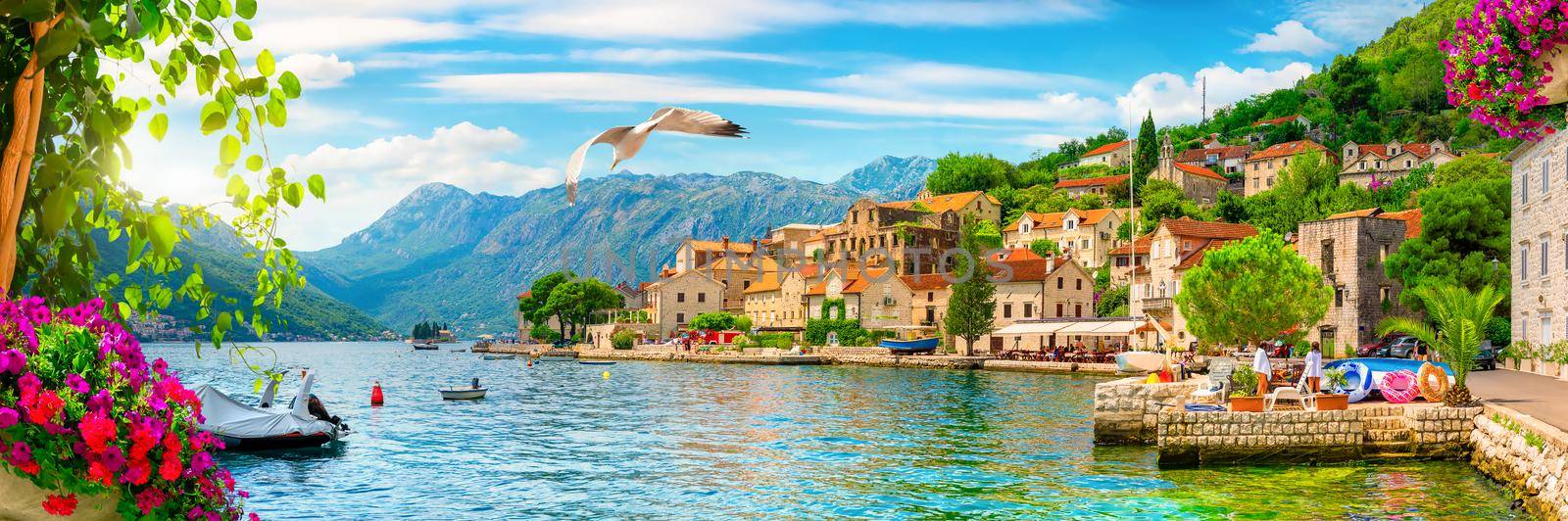 Historic city of Perast at Bay of Kotor in summer, Montenegro